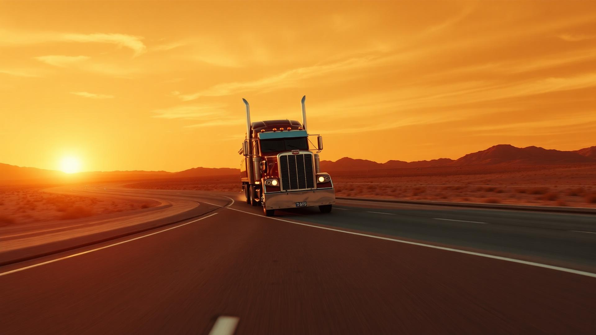 Classic American semi-truck driving into a golden desert sunset